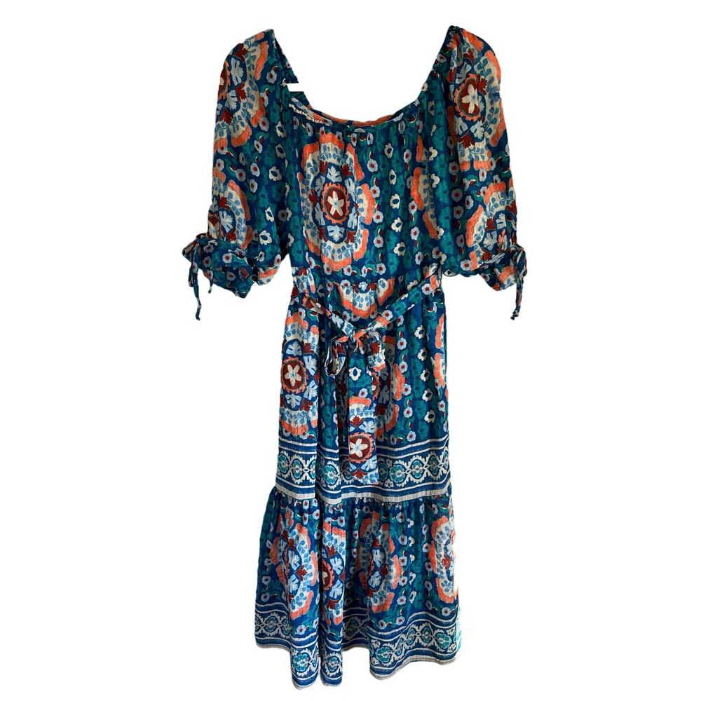 Fig and Flower Midi Dress Sz S Blue Floral Tiered Lined Stretch Peasant Bohemian